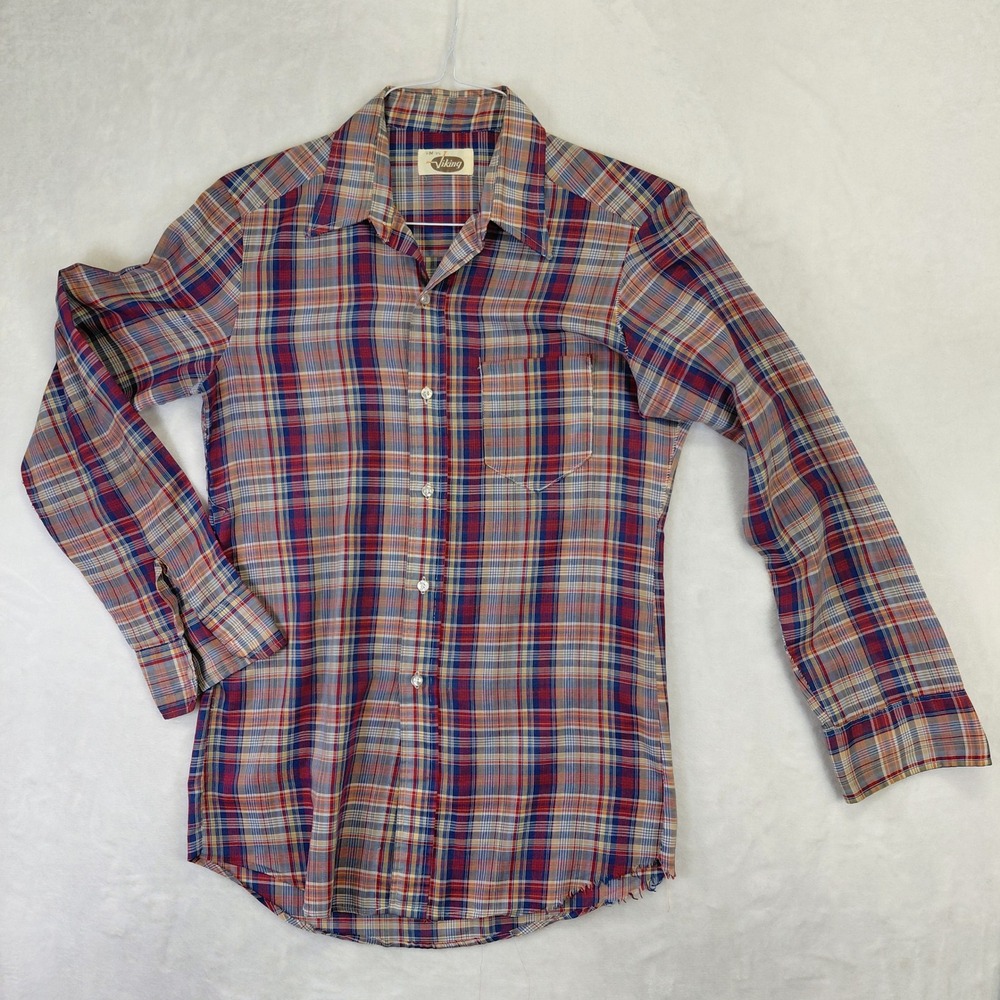 Vintage Viking Mens Plaid Button Down Shirt Blue Red Tan Long Sleeve Medium